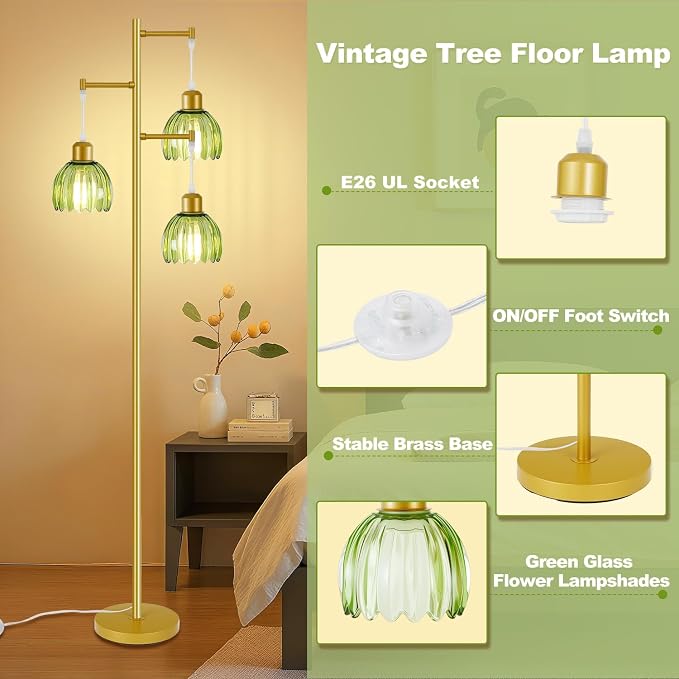 Tree Floor Lamp with 3 Light Bulbs, Vintage 3 Heads Flower Floor Lamp, Tall Gold Vintage Lamps with Brass Base Foot Switch, Boho Standing Lamps for Living Room with Green Glass Flower Shades