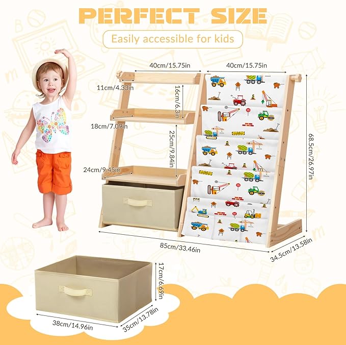 Kids Bookshelf and Toy Storage Organizer 2 in 1 Toddler Bookcase-4 Tier Book Shelf with Toy Box for Kids Room,Nursery,Playroom