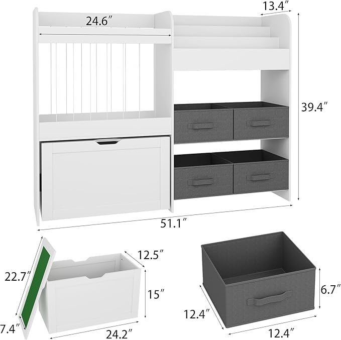 Toy Storage Organizer with Stuffed Animal Storage - Kids Bookshelf with 4 Removable Bins and 1 Movable Toy Storage Bin, 3-Tier Bookshelf with Building Block Play Table for Kids Room Playroom (White)
