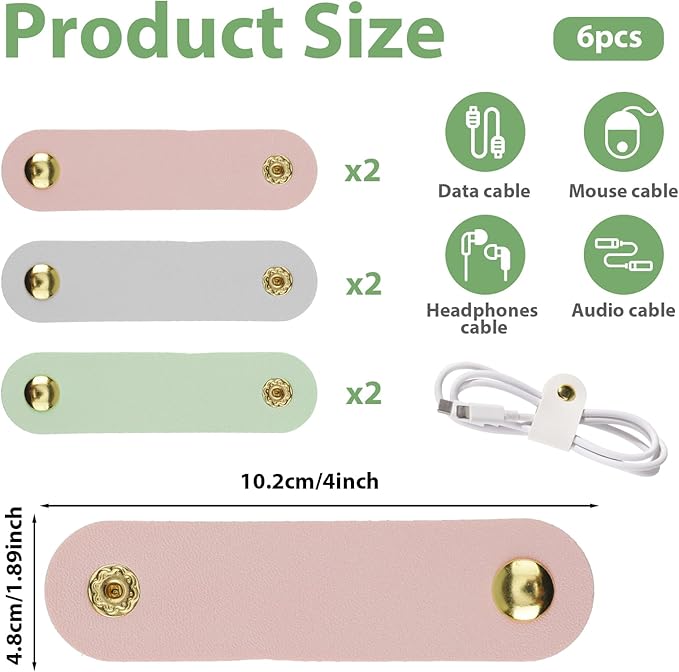 6 Pack PU Leather Cord Organizer, Reusable Cable Straps Clips Phone Cord Ties Charging Cords Power Cords Travel Organizer Earphone USB Holder Snap Closure Multipurpose Cable Management Clips