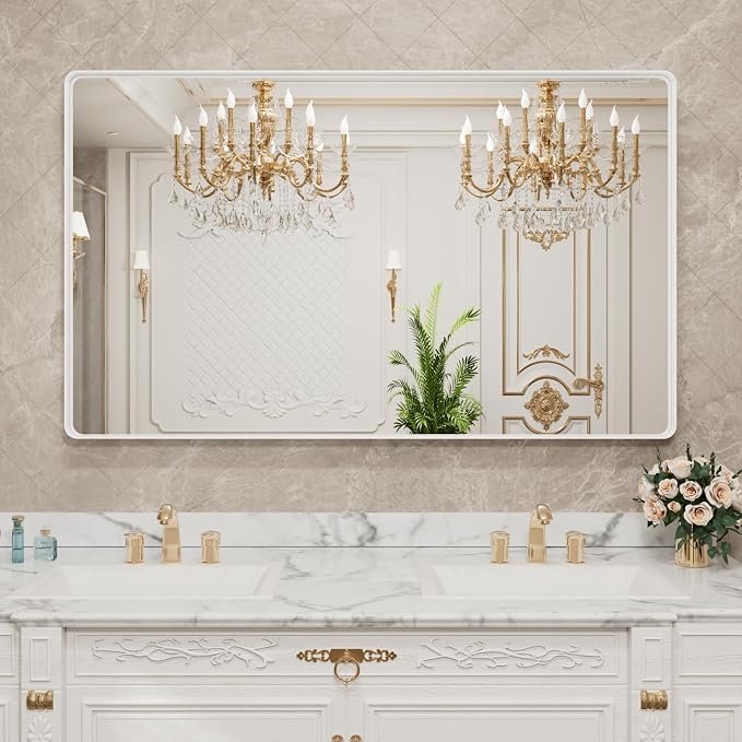 LOAAO 50x30 Inch White Metal Framed Bathroom Mirror for Wall, White Bathroom Vanity Mirror Farmhouse, Large Rounded Rectangle Mirror, Anti-Rust, Tempered Glass, Hangs Horizontally or Vertically