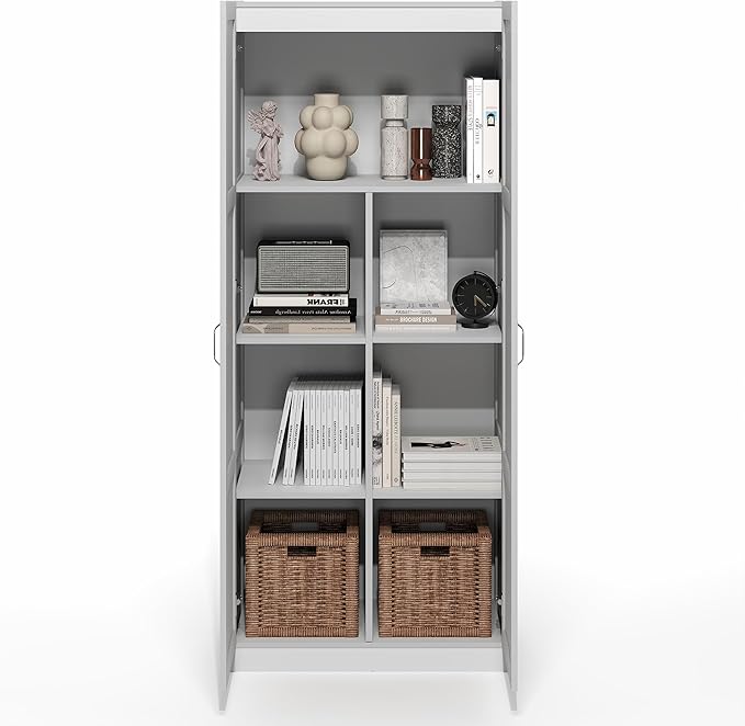 Furinno Robin Storage Cabinet, 4-Tier Pantry Cabinet with Adjustable Shelves, 30W with 2 Shaker-Doors, Kitchen Cabinet, Organization and Storage, for Pantry, Living Room, Home Office, White