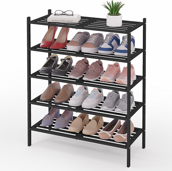 Smiry Bamboo Shoe Rack 5-Tier, Stackable Wooden Shoe Organizer for Entryway & Closet, Free Standing Wood Shoe Storage Shelf for Front Door & Small Spaces, Black