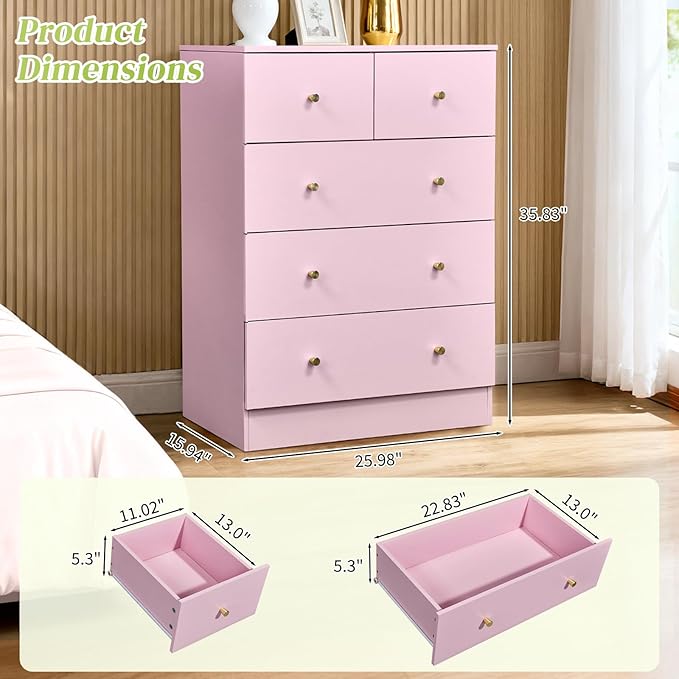 Karl home Pink 5 Drawer Dresser for Bedroom, Tall Dresser Chest of Drawers, Rustic Wood Bedroom Dressers Clothes Organizer, Anti-Tipping Device, Rose Gold Metal Handle, Living Room, Entryway, Office