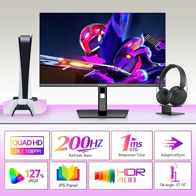 27 Inch QHD 2560x1440 Gaming Monitor, 180Hz (200Hz OC) 1ms GTG Fast IPS, 450cd/㎡ Brightness, 93% DCI-P3, G-Sync & FreeSync, Tilt Stand, DP/HDMI
