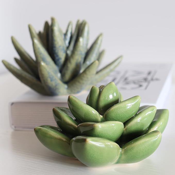 Ceramic Succulent Flowers Table Top with Stable Base, 3D Handmade Tablescape Decorative (Green 2)