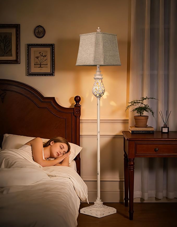 64'' Vintage Floor Lamp with Nightlight, Rustic Farmhouse Tall Standing Lamp with Rotary Switch and Beige Linen Shade for Living Room, Corner, Bedroom, House Decor, Cream White (Bulb Included)