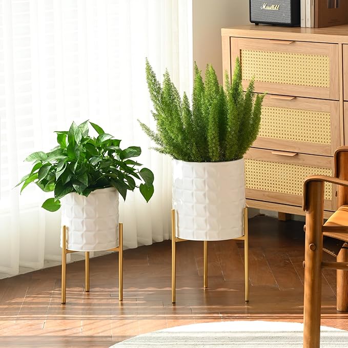 Modern Planter Pots, Set of 2 White Planters with Stand, Decorative Planters, Metal Pots with Drainage Holes for Living Room, Office, Garden