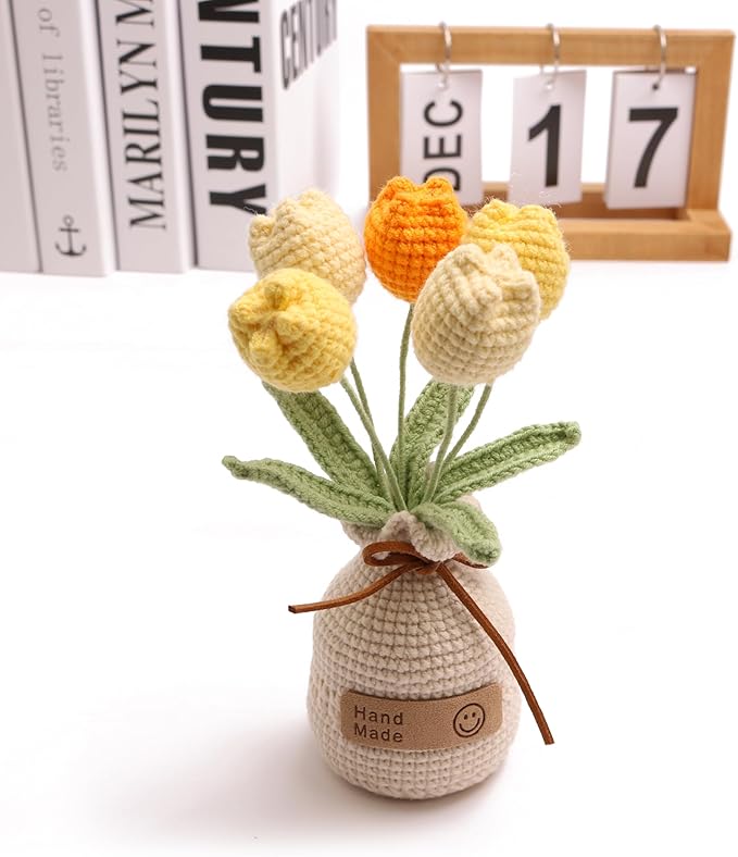 Handmade Tulips, Artificial Plant Crochet Flowers， Tulips Suitable for Home Room, Table, Office Ornaments and Birthday Gifts Suitable for Family and Friends Anniversary (5 Flowers-Yellow)
