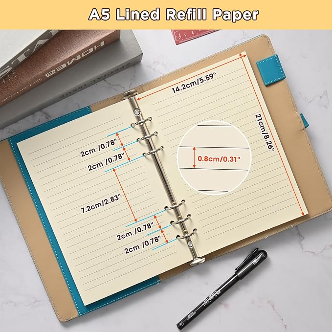 A5 6-Hole Lined Loose-Leaf Paper, Beige – Refill Pages for Standard A5 6-Ring Binder, Journals, Planners – Writes both sides–No bleed-through – 80 Sheets