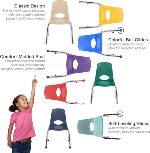 FDP 12" School Stack Chair - Stacking Student Seat with Chromed Steel Legs | Navy (6-Pack)
