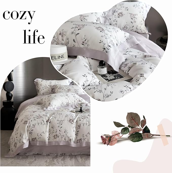 VM VOUGEMARKET Lilac Flower Duvet Cover Queen Silk-Like Smooth & Cool Eucalyptus Lyocell Duvet Cover with 2 Pillow Shams,Moisture Wicking Cooling Bedding Set for Summer-Queen,Purplish Grey