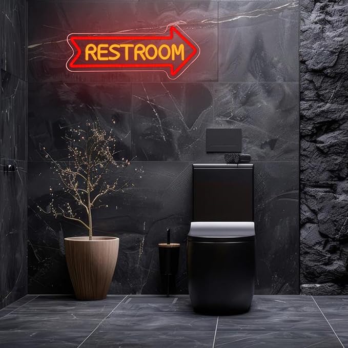 Restroom Neon Signs for Wall Decor Restroom Led Sign Dimmable USB Bathroom Neon Light with Arrow Toilet Bathroom Signs for Home Bar School Shopping Mall Hotels Hospitals