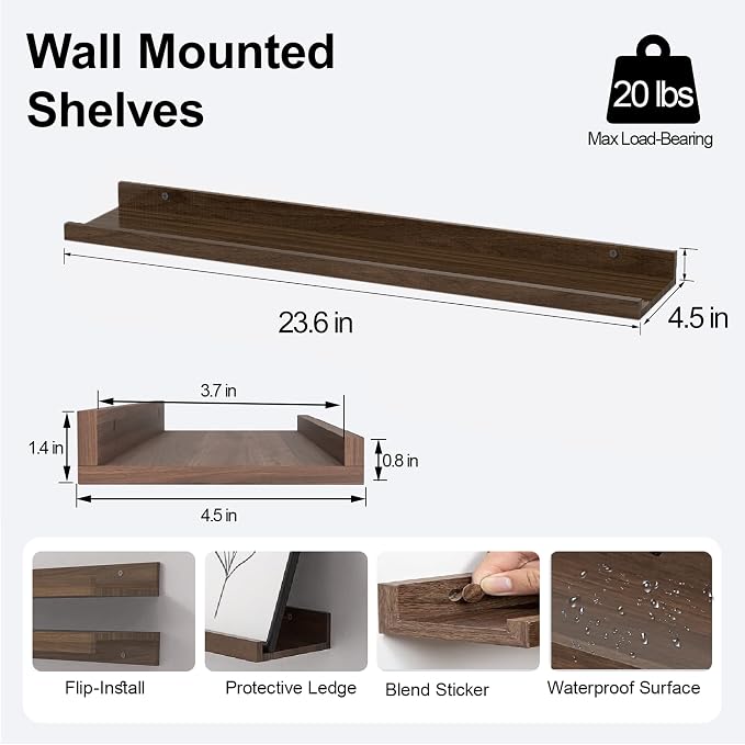 Floating Shelves for Wall Decor, Long Wall Mounted Storage Shelf for Bedroom, Living Room, Bathroom, Kitchen, Nursery, Display Picture Ledge Shelf with Lip Set of 2-24 Inches, Walnut