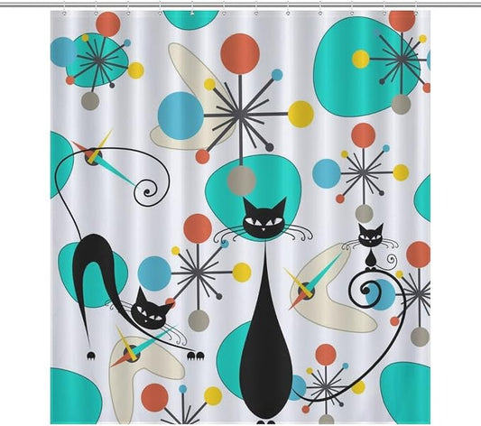 Mid Century Modern Cat Shower Curtain,Retro Abstract Atomic Starburst Geometric Diamond Pattern Shower Curtains Set for Bathroom Fabric Decorative Bath Curtain Washable Curtain Hooks, 72x72”