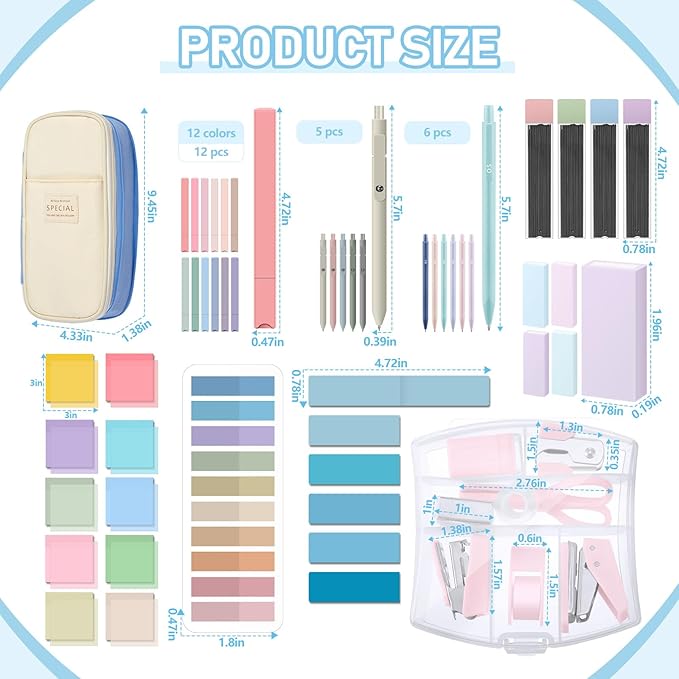 Sinload 60 Pcs Aesthetic Book Annotation Kit School Supplies Cute Pencil Case 12 Highlighter 5 Gel Pen 6 Mechanical Pencil 5 Magnetic Bookmark 1220 Pcs Sticky Note Tab Student Stationary(Light Blue)