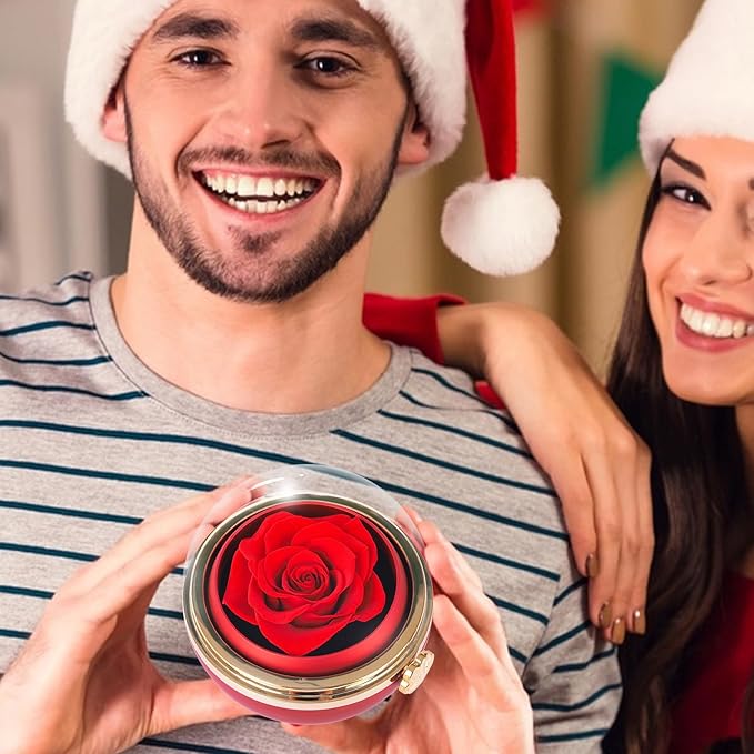 Rotating Preserved Real Rose Gift Box with I Love You Necklace – Spherical Eternal Flower Gifts for Mom, Wife, Grandma, Girlfriend – Forever Love Women Gifts for Christmas, Valentine’s Day (Red)