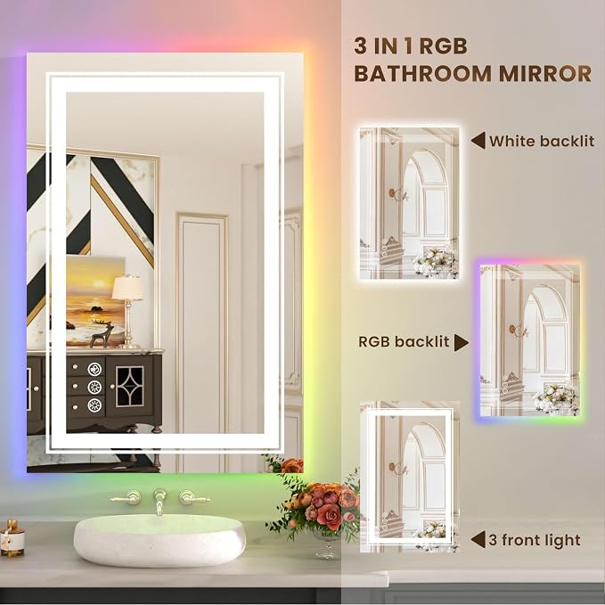 WTTY LED Bathroom Mirror 20"x28" with RGB Backlit and 3 Front Light,Stepless Dimmable LED Mirror for Bathroom,Lighted Bathroom Vanity Mirror for Wall,Anti-Fog,Memory Function,Shatter-Proof