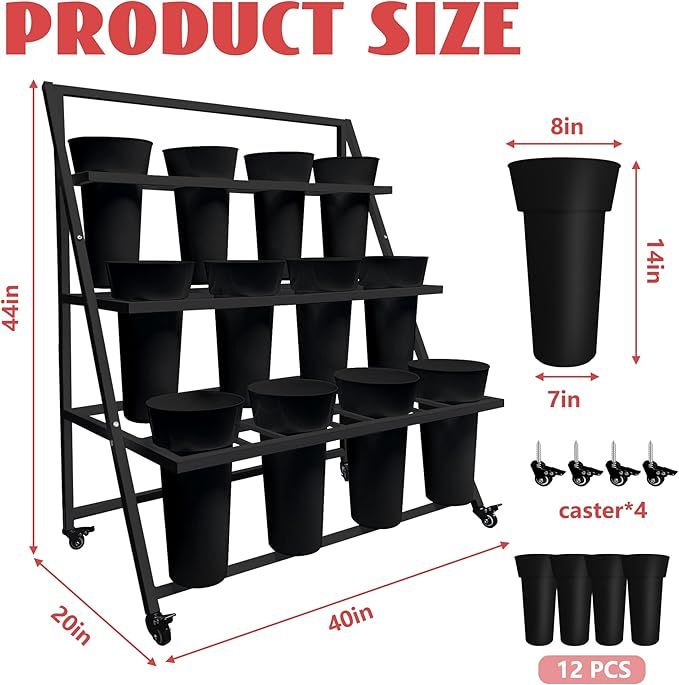 PROLEE Flower Display Stand with 12 Buckets, Flower Cart 3 Layers, Flower Stand Metal with Wheels, Moving Florist Bouquet Shelf, Triangular Rack Black