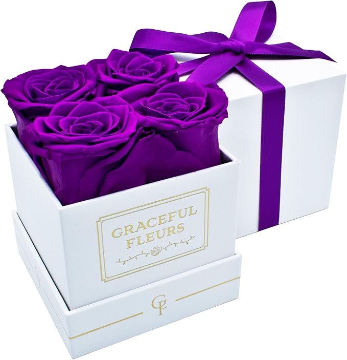 Graceful Fleurs | Real Long Lasting Roses for Years | Preserved Fresh Flowers for Delivery Birthday | Birthday Gifts for Women | Forever Roses in a Box (Purple, White Box, 4 Roses)