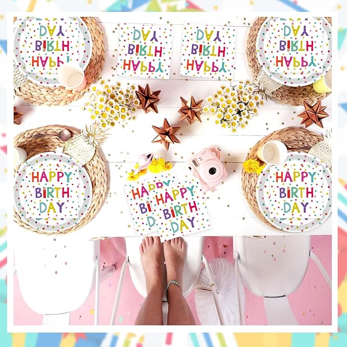 T-Antrix 40 Pcs Birthday Plates And Napkins Party Supplies, Disposable Happy Birthday Dots Design Paper Tableware Set Party Decoration Serves 20