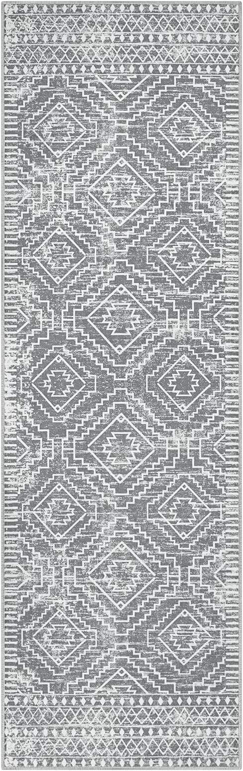 Wonnitar Moroccan 2'6"x8' Washable Kitchen Runner Rug with Rubber Backing, Non-Slip Grey Rug Runner for Hallway, Thin Farmhouse Geometric Carpet Runner for Bedroom Entryway (Silver Grey,2'6"x8')