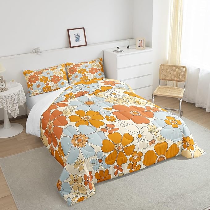 Castle Fairy Retro 70s 60s Floral Hippie Comforter Set Twin Size,Summer Groovy Flowers Quilt Set for Kids Boys Bedroom Collection,Boho Plant Polyester Bedding with 1 Pillowcase,2Pcs