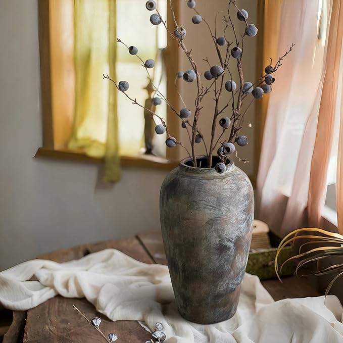 12 Inch Vintage Farmhouse Decor Ceramic Rustic Vase, Handmade Brown Flower Vases for Centerpieces, Living Room & Kitchen Shelf Decorative Pottery Vase for Home Decor