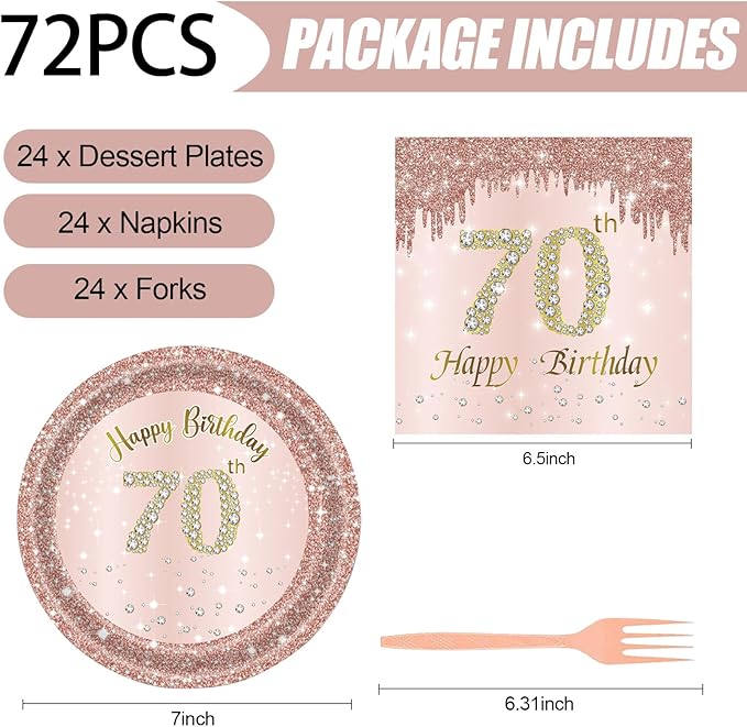 72 Pcs 70th Birthday Paper Plates and Napkins Party Supplies, Rose Gold 70th Birthday Party Plates and Napkins Tableware Set for Men Women Cheers to 70 Years Birthday Party Decorations Serves 24