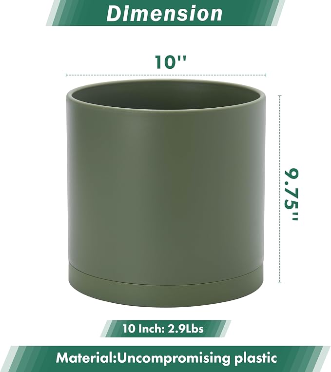 D'vine Dev 10 Inch Plastic Planter Pots for Plant Pot with Drainage Hole and Seamless Saucers, Olive, 74-X-I-2