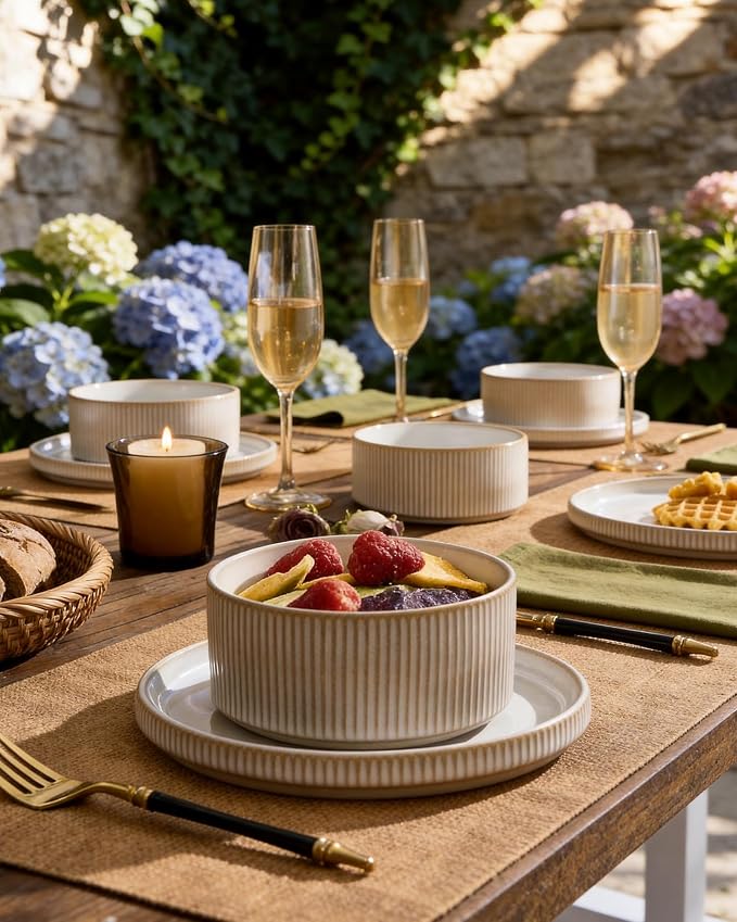 8-Piece Plates and Bowls Sets for 4, Cappuccino White | Handcrafted reactive glaze stoneware dinnerware. Chip & scratch resistant. Microwave & dishwasher safe. Everyday/formal use.