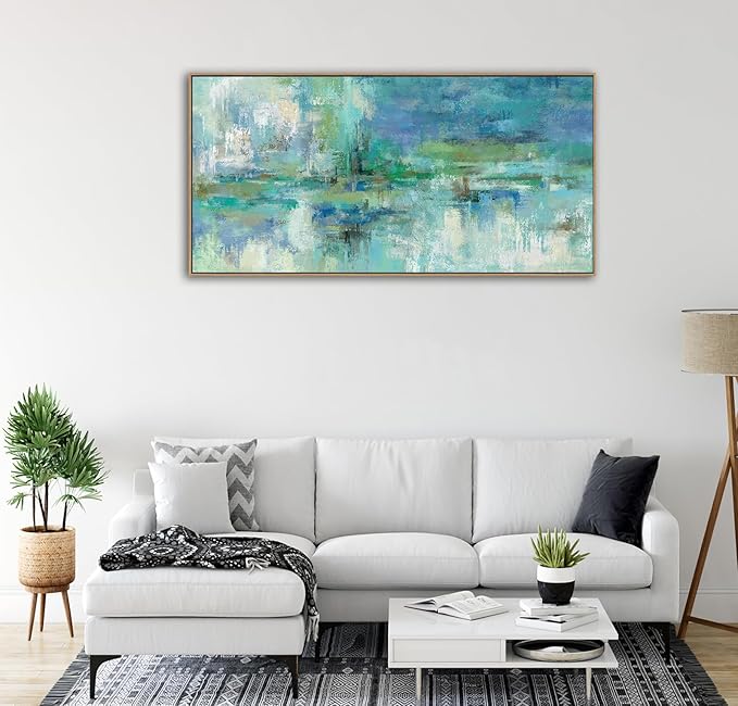 VEAEE Framed Abstract Wall Art - Teal Turquoise Green Colorful Modern Canvas Pictures, Living Room Wall Decor, Contemporary Landscape Painting Prints for Bedroom Bathroom Office Decor 24" x 48"