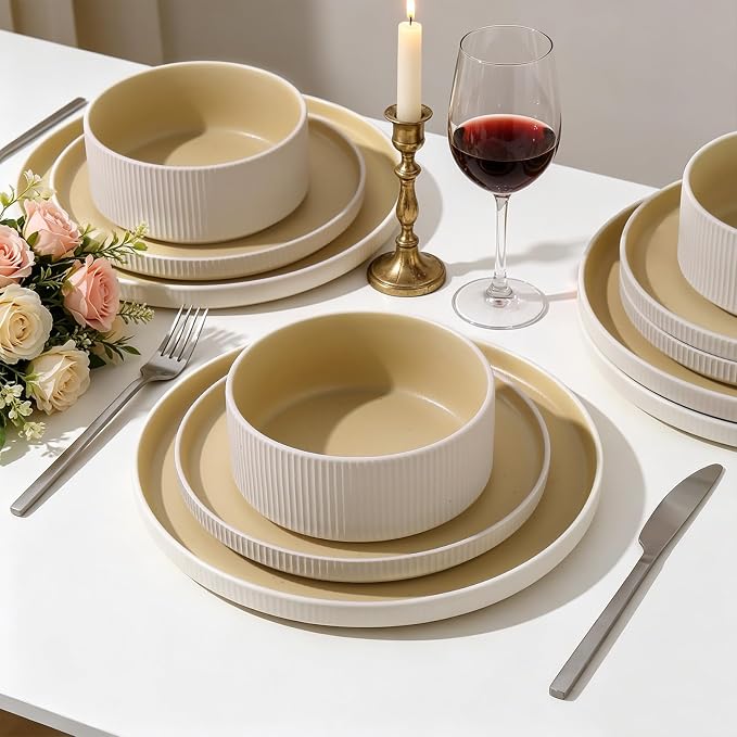 MONITO Ceramic Dinnerware Sets for 4, 12PCS Stoneware Plates and Bowls Sets, Reactive Glaze Dish Set, Chip and Scratch Resistant Double, Microwave and Dishwasher Safe, White Orange