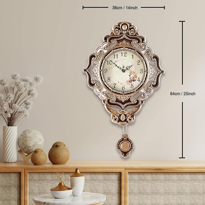 Aero Snail Retro Wall Clock with Pendulum, European Victoria Mid Century Style, Battery Operated Large Metal Silent Clock for Living Bedroom Wall Vintage Decor - Brown