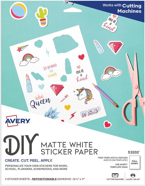 Avery Printable Sticker Paper - Matte White, Repositionable Adhesive, 8.5" x 11", 5 Full-Size Sheets | Ideal for Crafts & Branding
