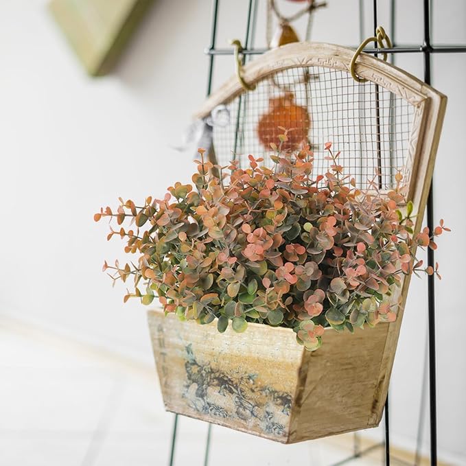 RECUTMS 20 Bundles Artificial Plants Outdoor Faux Plant Eucalyptus Stems Artificial Bushes Boxwood Bushes for Farmhouse Bathroom Office Vase Centerpiece Indoor Outdoor Decor(Dusty Orange)