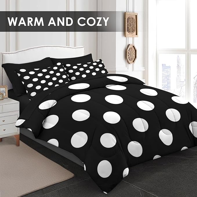 Comforter Set King Size, Polka Dot 7 Pcs Bedding for Kids and Adults, Black and White Bed Sheet Sets with Fitted Sheet 2 Pillowcase & 2 Sham for Bedroom Bed Decor