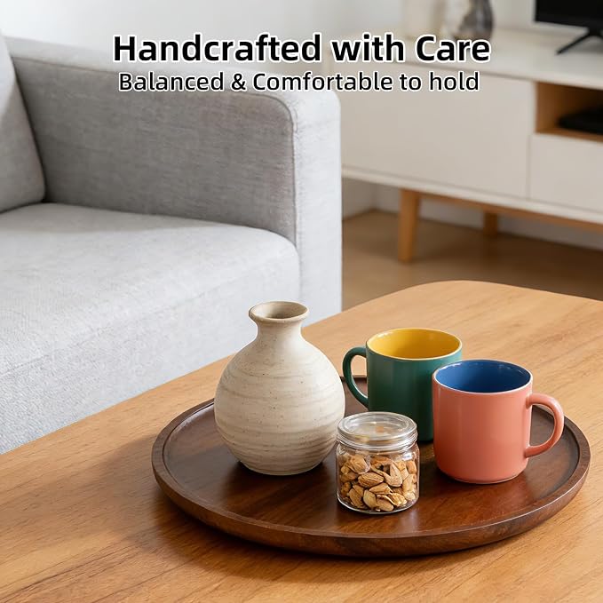 Round Acacia Wood Tray, Non-Slip Wooden Candle Tray for Coffee Table, Bathroom Vanity & Countertop, Decorative Wooden Tray for Home Décor Organizer- 11.8 Inch Diameter