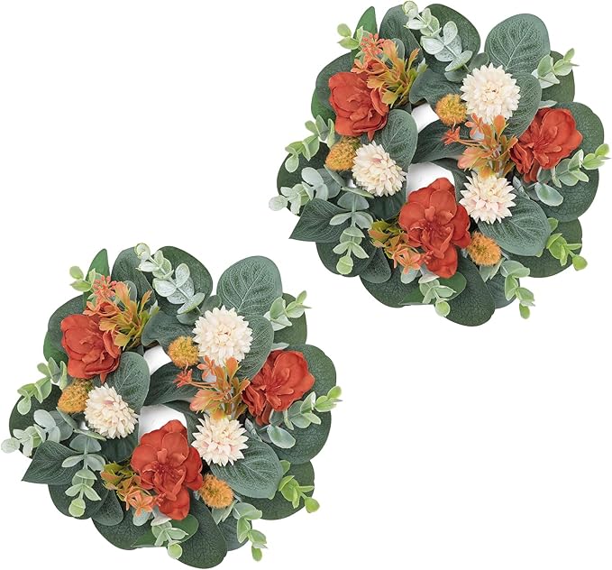 2 Pcs Mini Fall Orange Floral Candle Rings Wreaths for Pillars Home Table Window Decor, 9 Inches Artificial Flower Cabinet Wreath for Autumn Kitchen Farmhouse Wedding Party (Orange Delphinium)