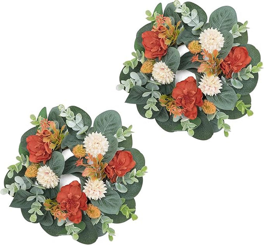 2 Pcs Mini Fall Orange Floral Candle Rings Wreaths for Pillars Home Table Window Decor, 9 Inches Artificial Flower Cabinet Wreath for Autumn Kitchen Farmhouse Wedding Party (Orange Delphinium)