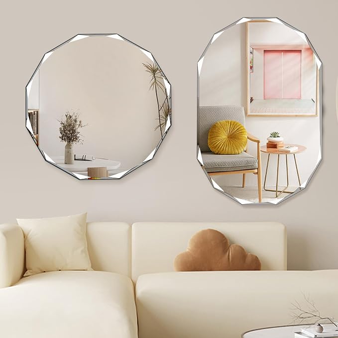 QDSSDECO 24" x 24"Beveled Edge Frameless Wall Mount Mirror, Irregular Shaped, Unique Vanity Mirror, Frameless Wall Mirror for Bathroom, Living Room, Bedroom, Entryway