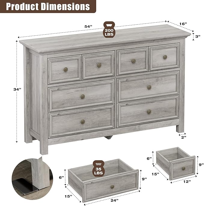 LGHM Dressers for Bedroom with 8 Drawers,54" Long Dresser Wood Legs, Modern Farmhouse Wood Chest of Drawers, Wide Dresser with Deep Drawers, Light Gray