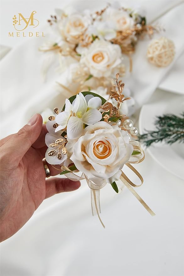Meldel Champagne Boutonniere for Men Wedding, Set of 6, Groom and Groomsmen Boutonniere for Wedding Ceremony Anniversary Party, Rustic Fall Wedding, Artificial Rose Boutonnieres Prom Suit Decorations