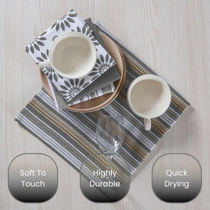 Assorted Kitchen Towels - Grey Kitchen Towels, Set of 5, 16x26 in - Absorbent 100% Cotton Dish Towels with Hanging Loop - Waffle Weave Tea Towels for Drying Dishes, Glassware & Counters