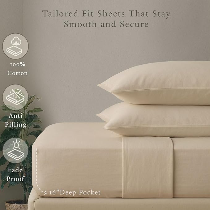 Threadmill - Hotel Luxury Cotton Sheets King Size 100% Cotton, 500 Thread Count Deep Pocket, Snug Fit, Soft & Crisp Cooling Hotel-Quality Bedsheets 4 Piece Set (King, Beige)
