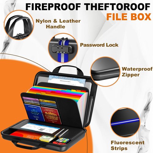 Fireproof Accordion File Organizer - Hard-Shell Document Box with 13 Pockets for Secure Storage