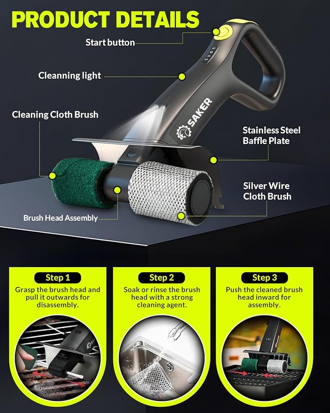Saker Electric Grill Brush for Outdoor Grill, Bristle-Free Automatic Grill Cleaning Brush with 450 RPM & LED Light, Grill Rescue BBQ Brush Set with 3 Interchangeable Heads