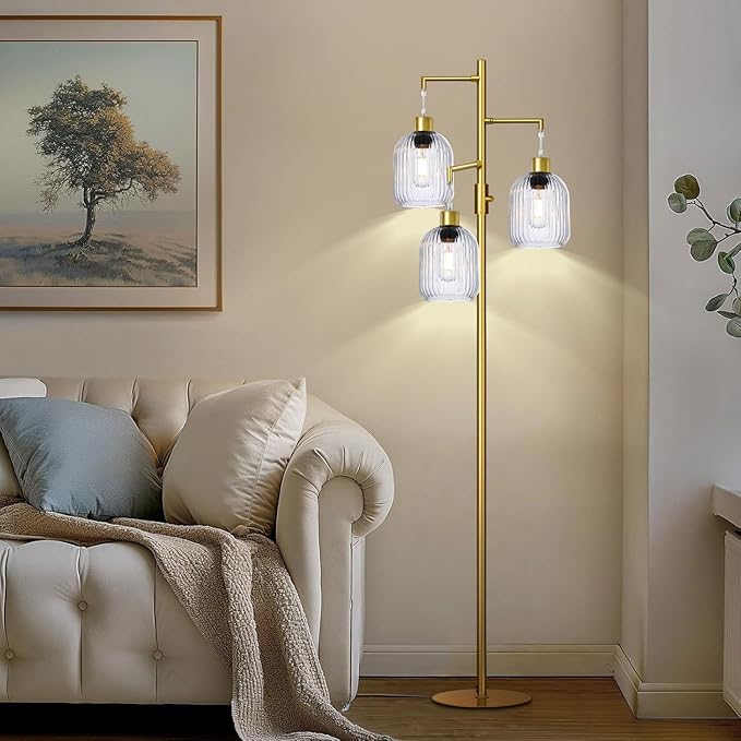 Modern Standing Lamps for Living Room, Floor Lamp with Clear Ribbed Glass Shade, Dimmable Tree Lamp Standing Lamp, Mid Century Tall Lamps with 3×600LM LED Bulbs