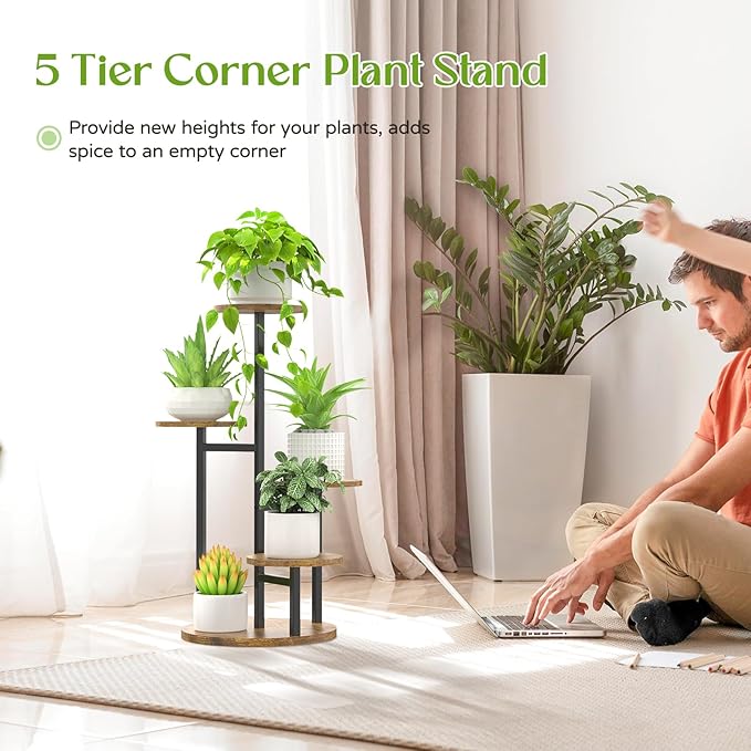 Oppro 5 Tier Plant Stand Indoor, Metal Wood Flower Holder, Heavy Duty Tall Round Multiple Shelf, Sturdy Spiral Planter Orchid Display Rack for House Living Room Patio Corner Bathroom, Modern Black