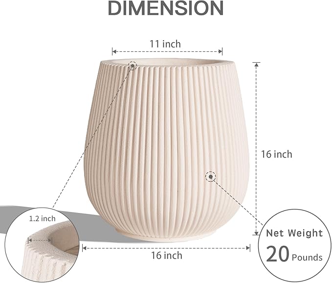 16 Inch Handmade Concrete Outdoor Planter - Classic Striped Design | Fiberglass & Composite Material | Durable for Commercial & Home Decor